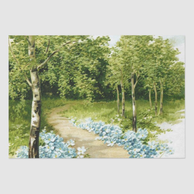 Waldweg Birch Trees Blaue Blumen Decoupage Seidenpapier (Vorderseite)
