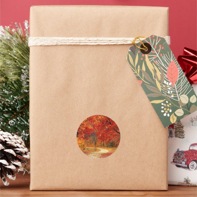 Waldweg, Herbst, Runder Aufkleber (Feiertag)