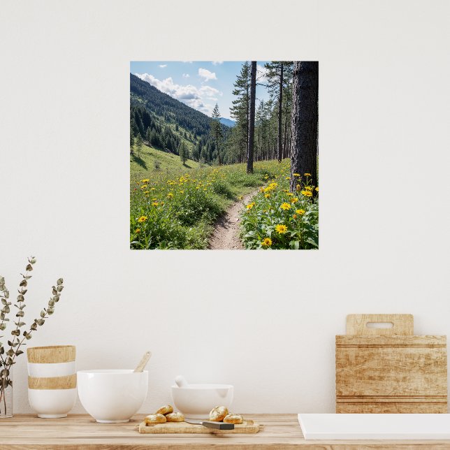 Waldweg mit gelben Wildblumen Poster (Küche)