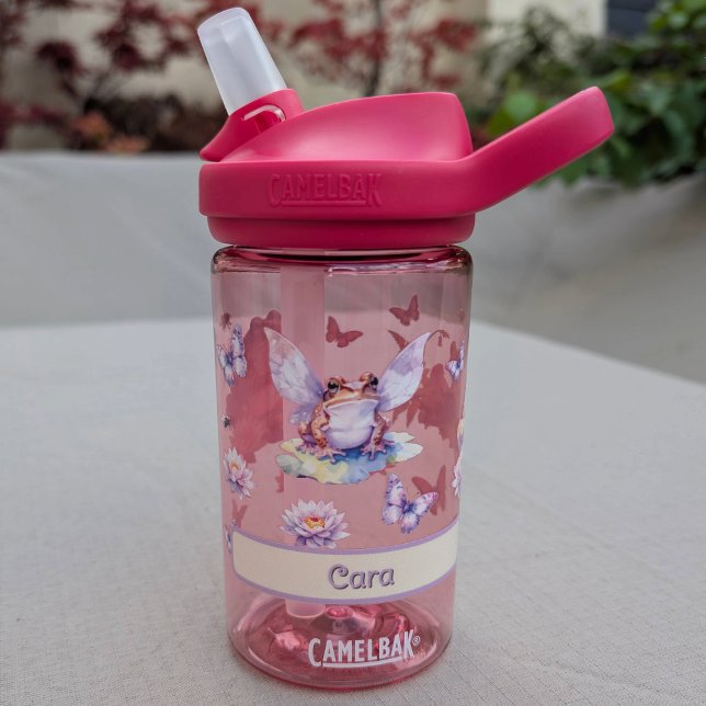 Waldweide Fairy Frog & Water Lily Kids Name Trinkflasche (fairy frog book lover reading frog and yellow buttercup flower frog design name)