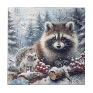 Waldwinter Igel Waschbär Weihnachten Fliese