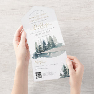 Waldwinterlandschaft Waldland Hochzeit QR-Code All In One Einladung