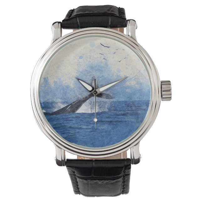 Wale in Sea Birds in Distanz Art Decor Geschenk Armbanduhr (Vorderseite)