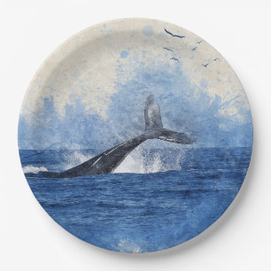 Wale in Sea Birds in Distanz Art Decor Geschenk Pappteller