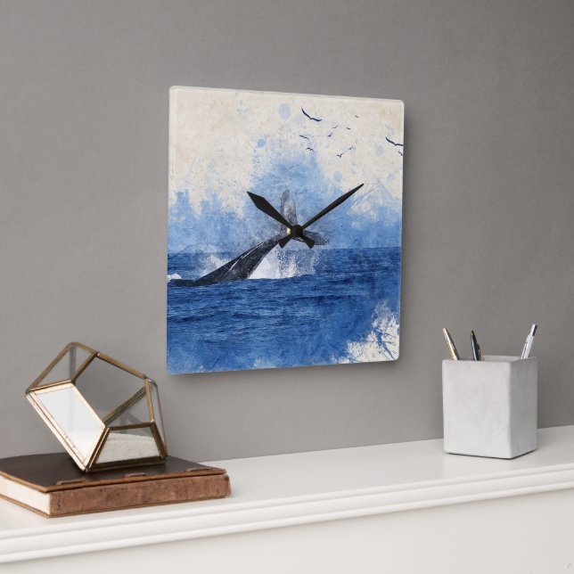 Wale in Sea Birds in Distanz Art Decor Geschenk Quadratische Wanduhr (Büro)