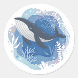 Wale & Korallen in Ocean Paper Art Illustration Runder Aufkleber