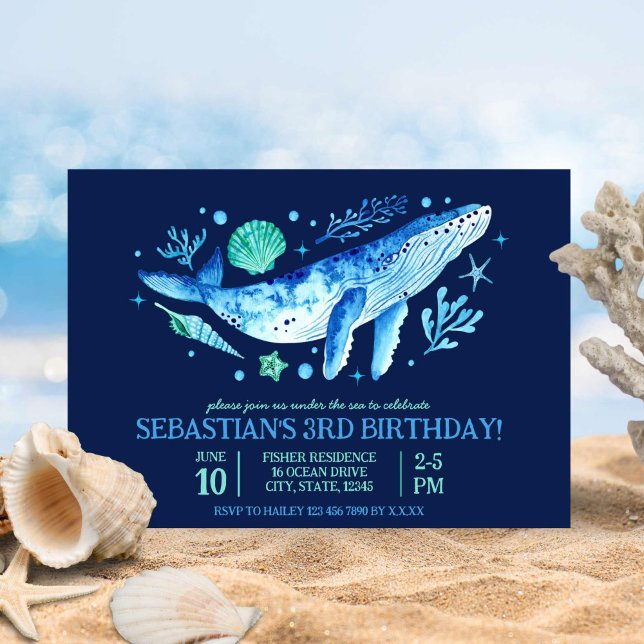 Wale, Korallen und Muscheln unter blauem Meer Einladung (Whale, Coral & Sea Shells Under the Sea Blue Invitation)