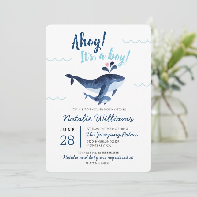 Wale Nautical Under Sea Baby Shower Einladung (Stehend Vorderseite)