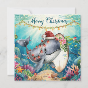 Wale trägt Santa-Hut mit Surfbrett Weihnachten Karte