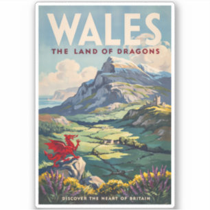 Wales Drachen Illustration Reise Kunst Vintage Aufkleber