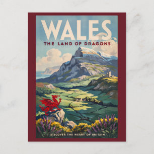 Wales Drachen Illustration Reise Kunst Vintage Postkarte