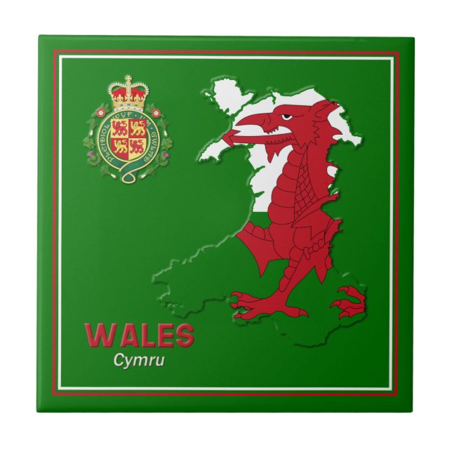 Wales Flag Map & Royal Abzeichen Fliese (Vorderseite)