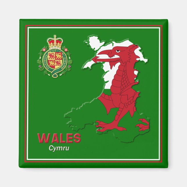 Wales Flag Map & Royal Abzeichen Magnet (Vorne)