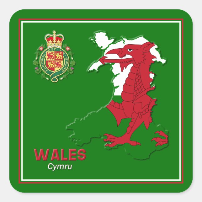 Wales Flag Map & Royal Abzeichen Quadratischer Aufkleber (Vorderseite)