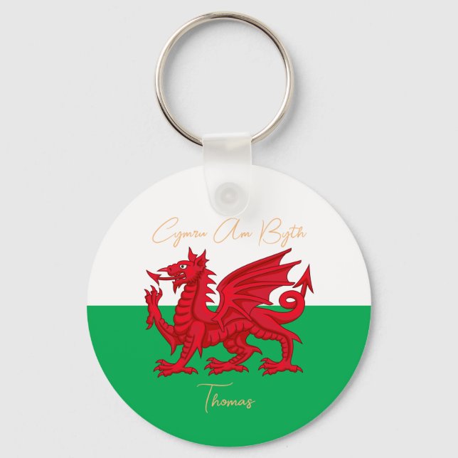 Wales for Ever Welsh Dragon Monogram Name Text Schlüsselanhänger (Vorderseite)
