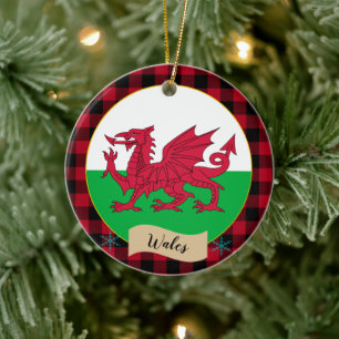 Wales, Rote Büffel, karierte und walisische Flagge Keramik Ornament