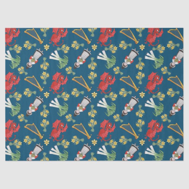 Waliserkostüm und -embleme auf blauem Seidenpapier (Vorderseite)