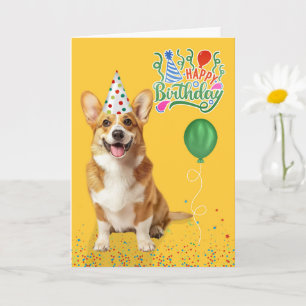 Walisische Corgi-Hund in einer Partyhut auf gelbem Karte