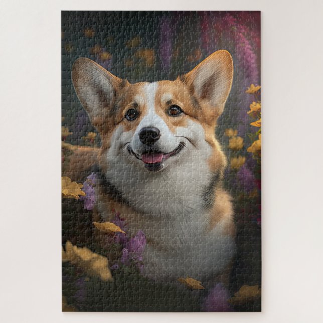 Walisischer Corgi im farbenfrohen Garten Puzzle (Vertikal)