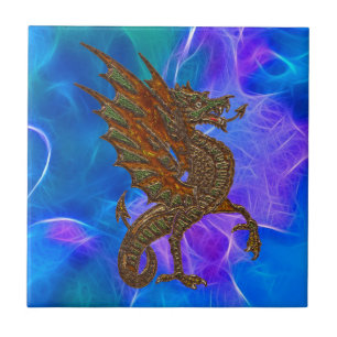 Walisischer Keltischer Drache in Gold über Blues I Fliese
