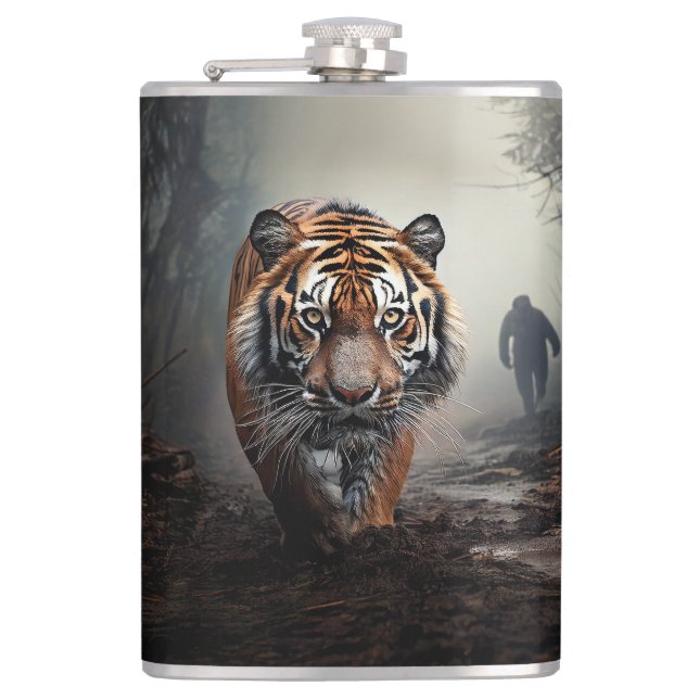 Walking Alter Schwarz-Orange-Tiger surrealer Wald Flachmann (Vorderseite)