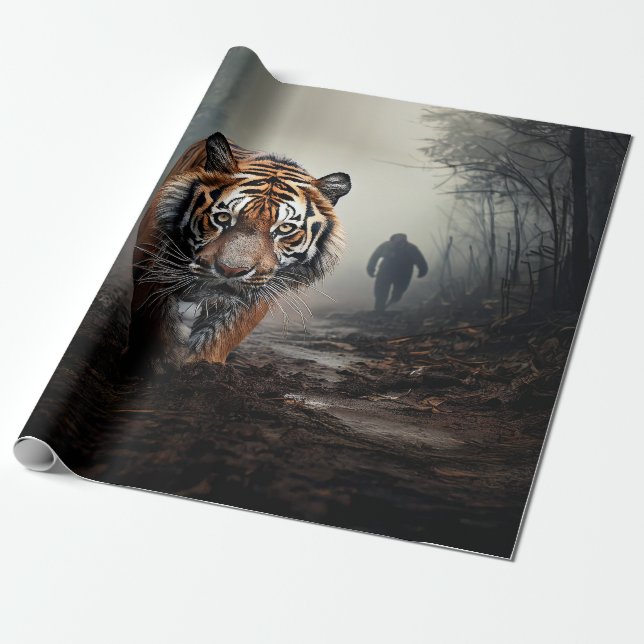 Walking Alter Schwarz-Orange-Tiger surrealer Wald Geschenkpapier (Ungerollt)