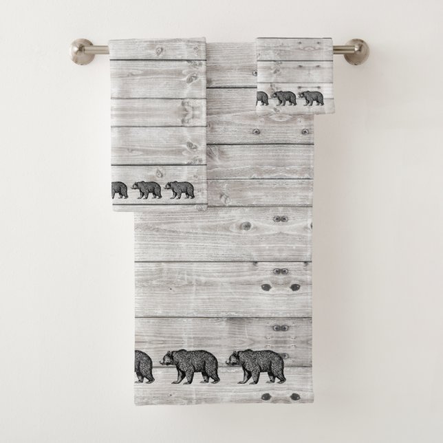 Walking Bear Grey Wood Pattern Badetuch Set (Insitu)