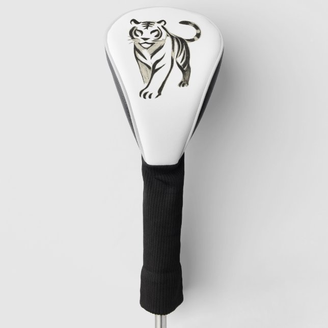 Walking Tiger Zeichnend - Tintendesign auf Golf Headcover (Vorderseite)