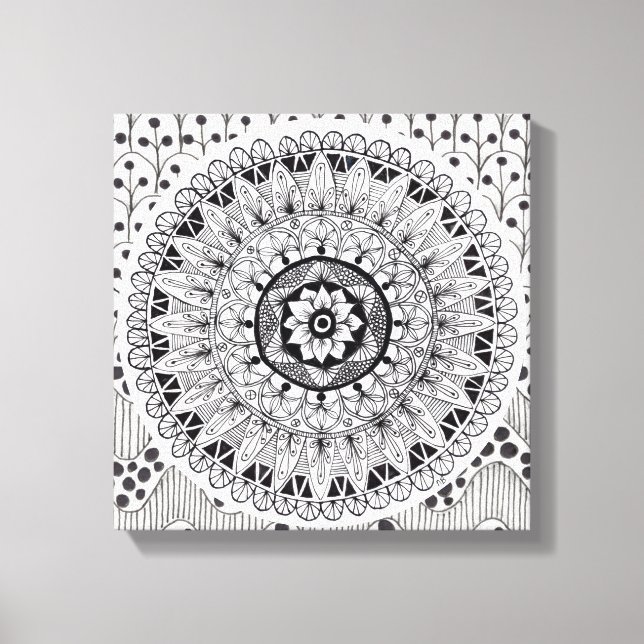 Wall Art Black und White Medallion Doodle Leinwanddruck (Vorderseite)