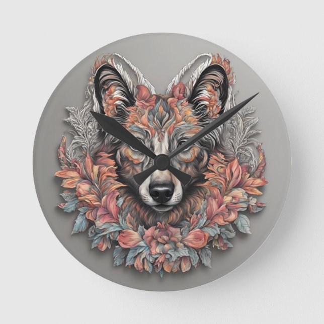 Wall Clock, 8" "Floral Majesty Wolf Clock" Runde Wanduhr (Vorderseite)