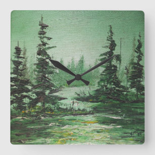 Wall Clock Ann Hayes Painting Green Forest Quadratische Wanduhr