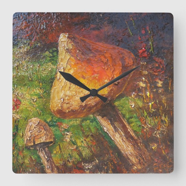 Wall Clock Ann Hayes Painting Mushroom Quadratische Wanduhr (Vorderseite)