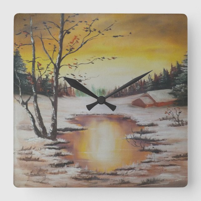 Wall Clock Ann Hayes Painting Winter Scene Quadratische Wanduhr (Vorderseite)