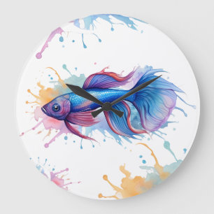 Wall Clock - Aquatercolor Serie: Betta Fish Große Wanduhr