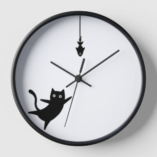 Wall Clock Black Cat fängt Fisch Uhr