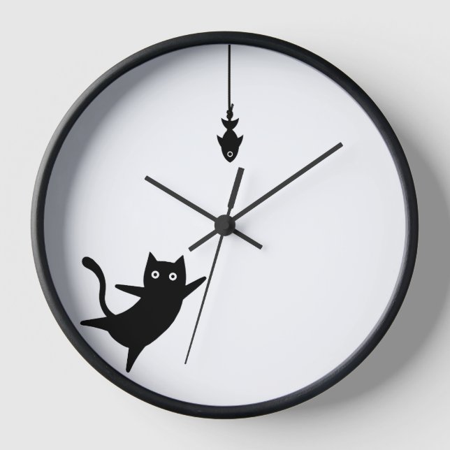 Wall Clock Black Cat fängt Fisch Uhr (Vorderseite)