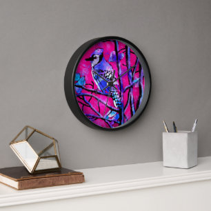 Wall Clock Blue Jay Whimsical Abstrakt Pink Uhr