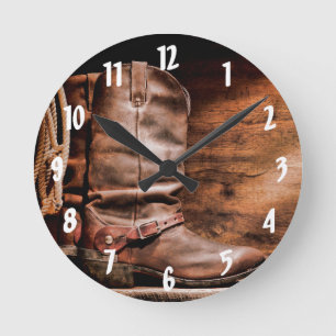 Wall Clock Cowboy Stiefel Barnholz Rustikales Land Runde Wanduhr