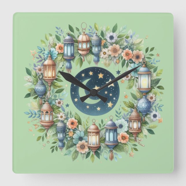 Wall Clock-Eid Mubarak Wreath Wall Clock Quadratische Wanduhr (Vorderseite)