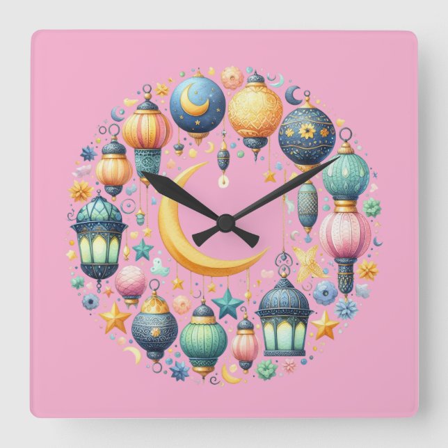 Wall Clock-Eid Mubarak Wreath Wall Clock Quadratische Wanduhr (Vorderseite)
