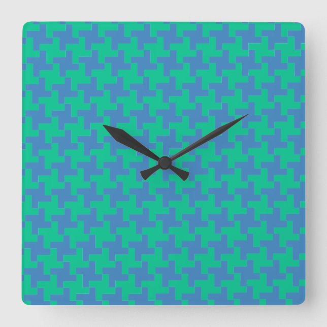 Wall-Clock, Emerald und Blue Dogzahn Karo Quadratische Wanduhr (Vorderseite)