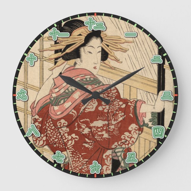 Wall Clock Geisha Lady Japanische Kanji-Nummern Große Wanduhr (Vorderseite)