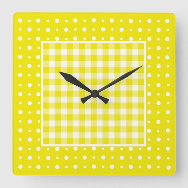 Wall Clock, Gelber Karo Gingham und Polka Dots Quadratische Wanduhr (Vorderseite)