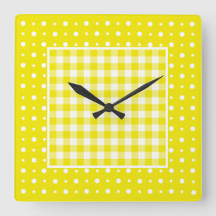 Wall Clock, Gelber Karo Gingham und Polka Dots Quadratische Wanduhr