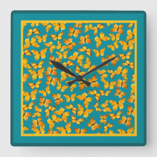 Wall Clock, Goldene Schmetterlinge auf Aquamarinen Quadratische Wanduhr