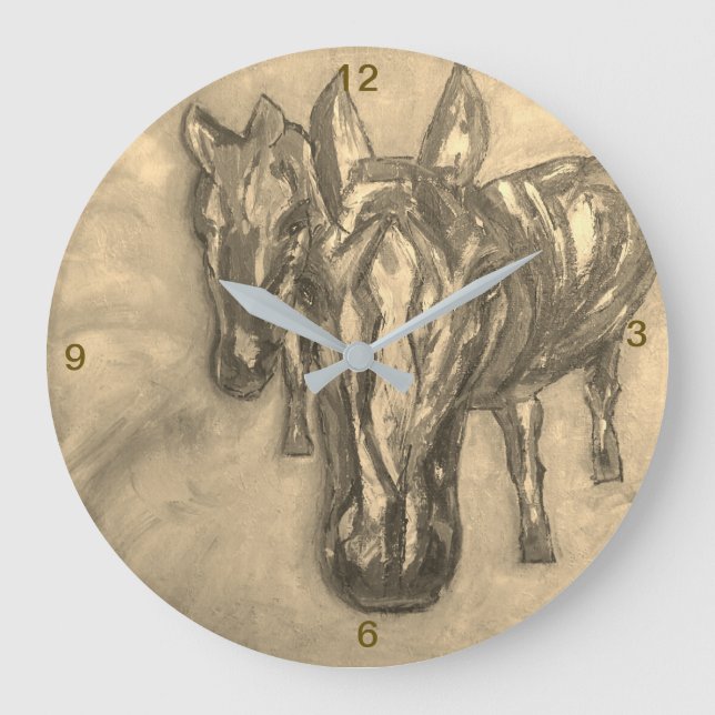 Wall Clock Horses in Sepia Große Wanduhr (Vorderseite)