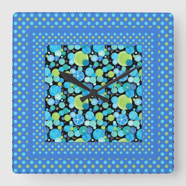 Wall Clock, Mix'n'Match: Blaue Monde, Polka Punkte Quadratische Wanduhr (Vorderseite)