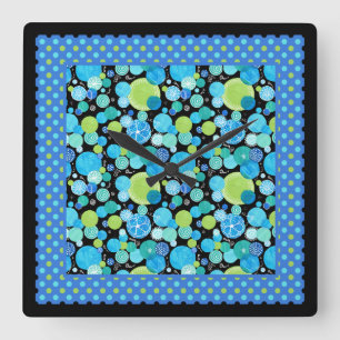 Wall Clock, Mix'n'Match: Blaue Monde, Polka Punkte Quadratische Wanduhr