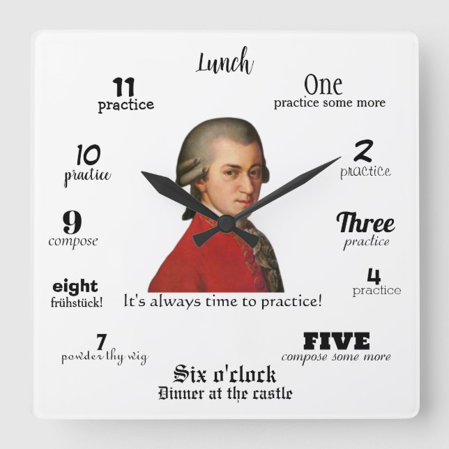 Wall Clock - Mozart - It's always time to practice Quadratische Wanduhr (Vorderseite)
