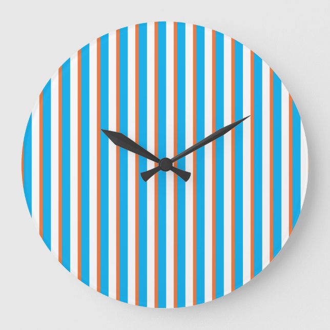 Wall Clock: orange, türkisblau, weiße Streifen Große Wanduhr (Vorderseite)